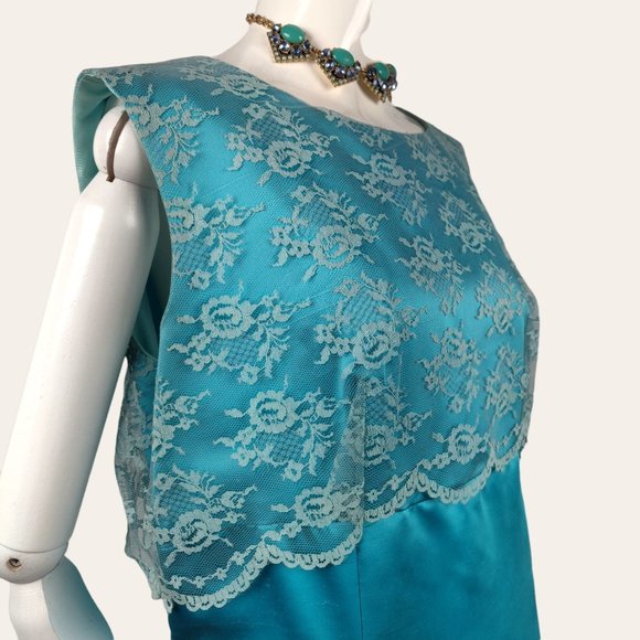 Vintage 1960s MOD Aqua Cocktail Dress Party Gown Lace Bodice Turquoise Satin M - Picture 5 of 13